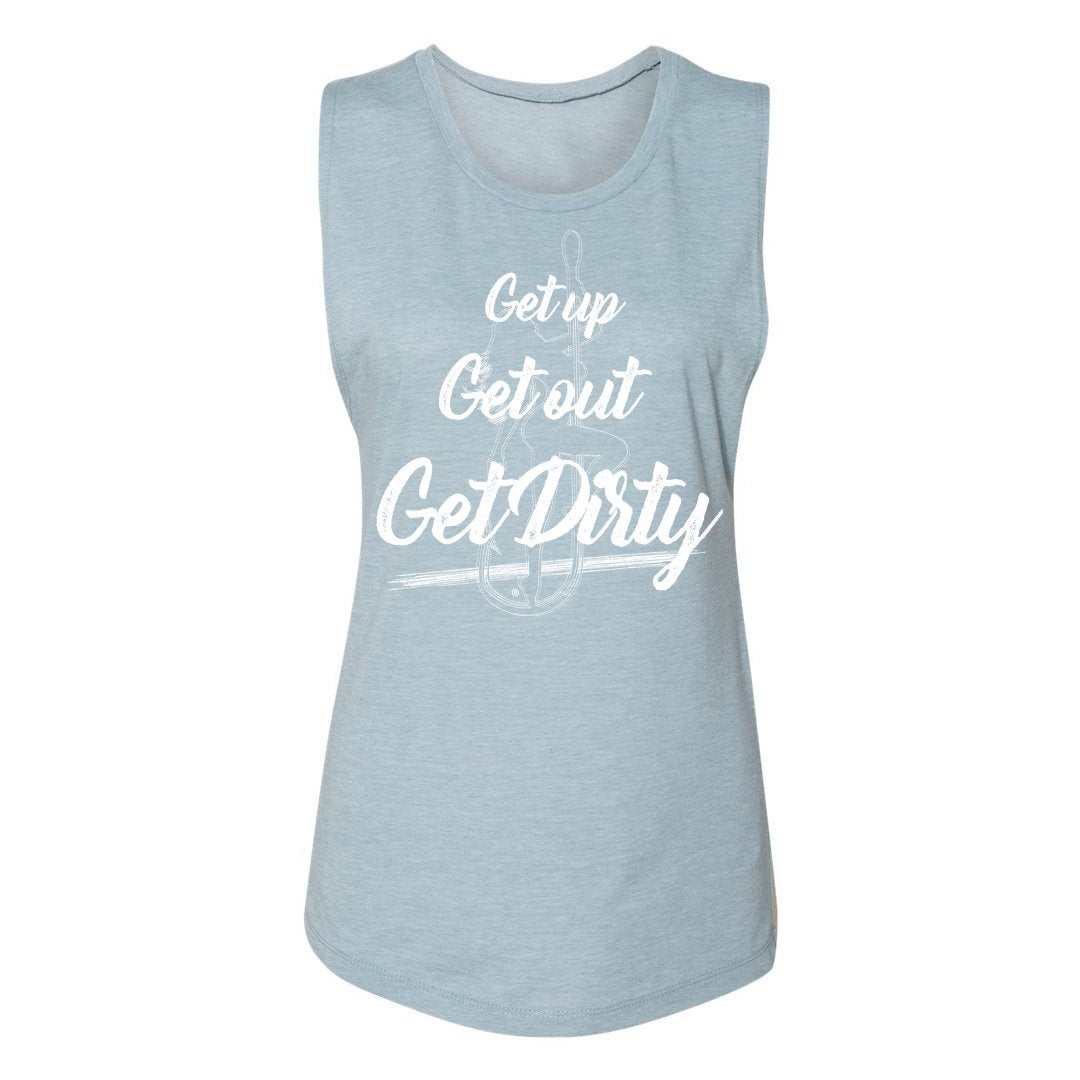 Light blue tank top with "Get up Get out Get Dirty" graphic, perfect for summer outfits at Raggdoll Boutique.