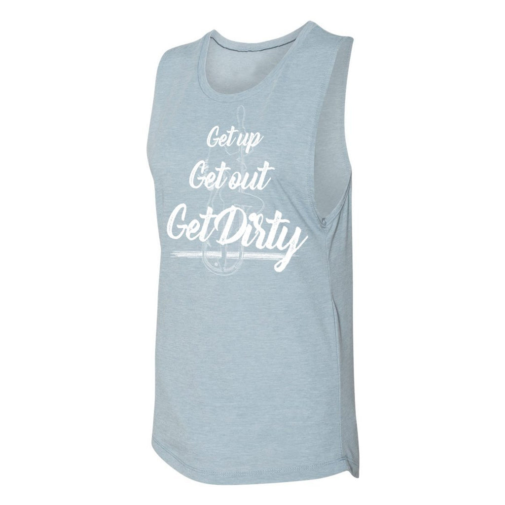 Light blue tank top with the text 'Get up Get out Get Dirty', perfect for summer outfits and coastal adventures.