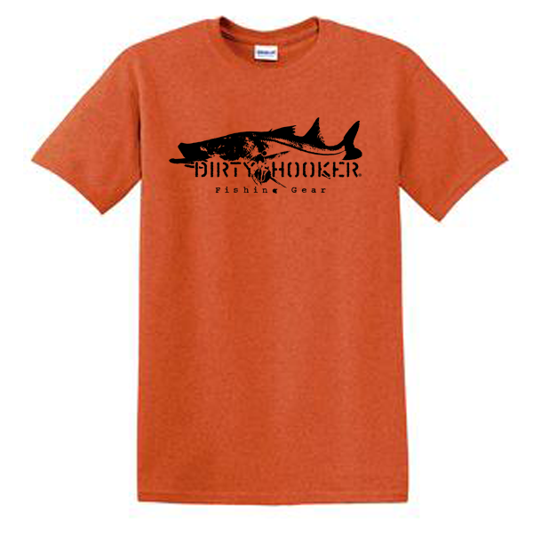 ORANGE T-SHIRT WITH DIRT HOOKER FISHING GEAR LOGO, IDEAL FOR FISHING ENTHUSIASTS.