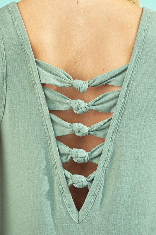 SEA GREEN TOP WITH KNOT BACK DETAIL showcasing intricate knot design at the back, perfect for trendy coastal style.