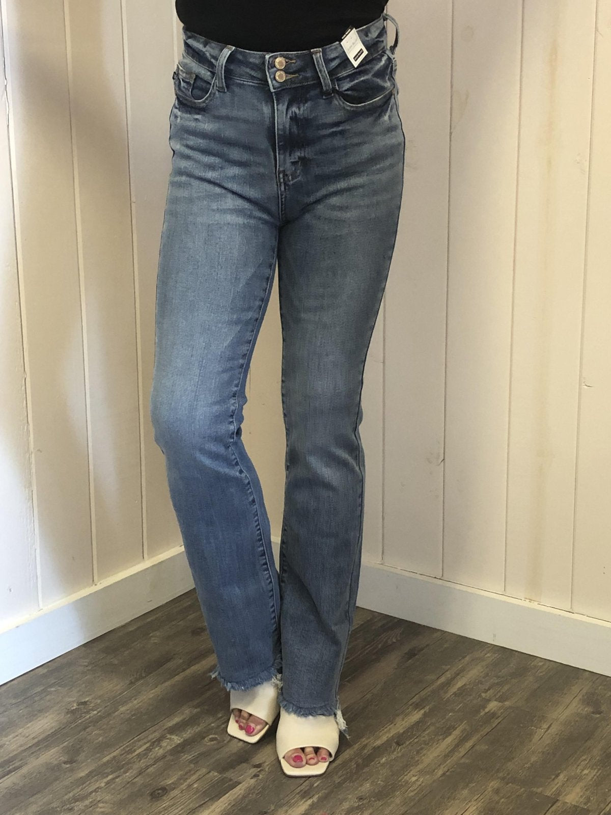 JUDY BLUE HW DOUBLE-BUTTON BOOTCUT JEANS displayed at Raggdoll Boutique, perfect for trendy coastal style and summer outfits Texas.