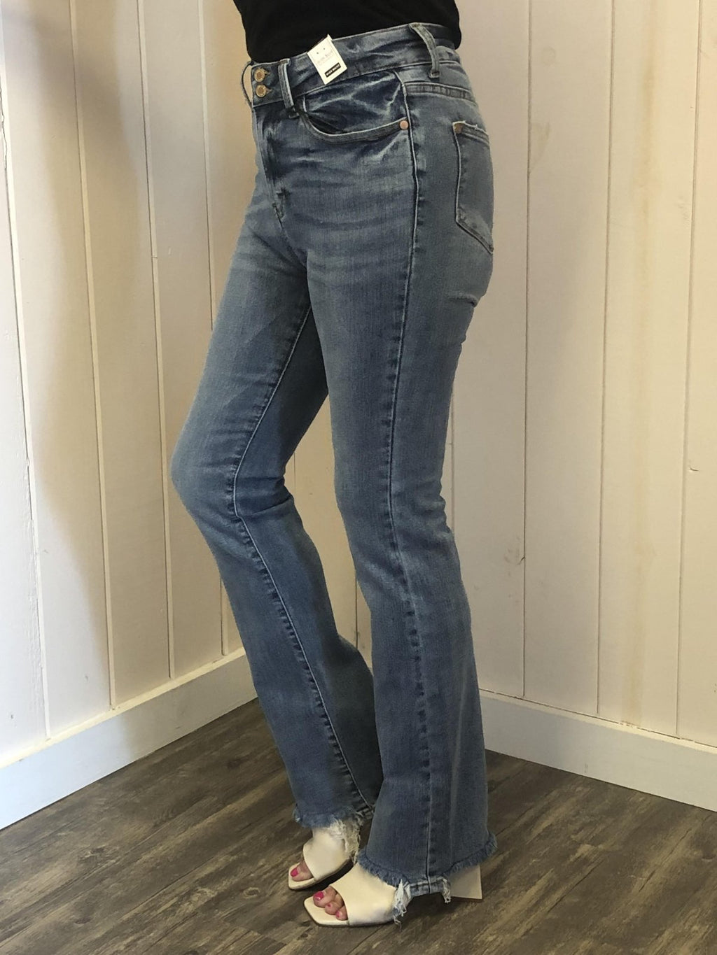 JUDY BLUE HW DOUBLE-BUTTON BOOTCUT JEANS showcased at Raggdoll Boutique, Port Aransas trendy coastal style.