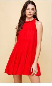 FIRECRACKER RED DRESS from Raggdoll Boutique, a trendy halter neck tiered dress perfect for summer outfits in Texas.