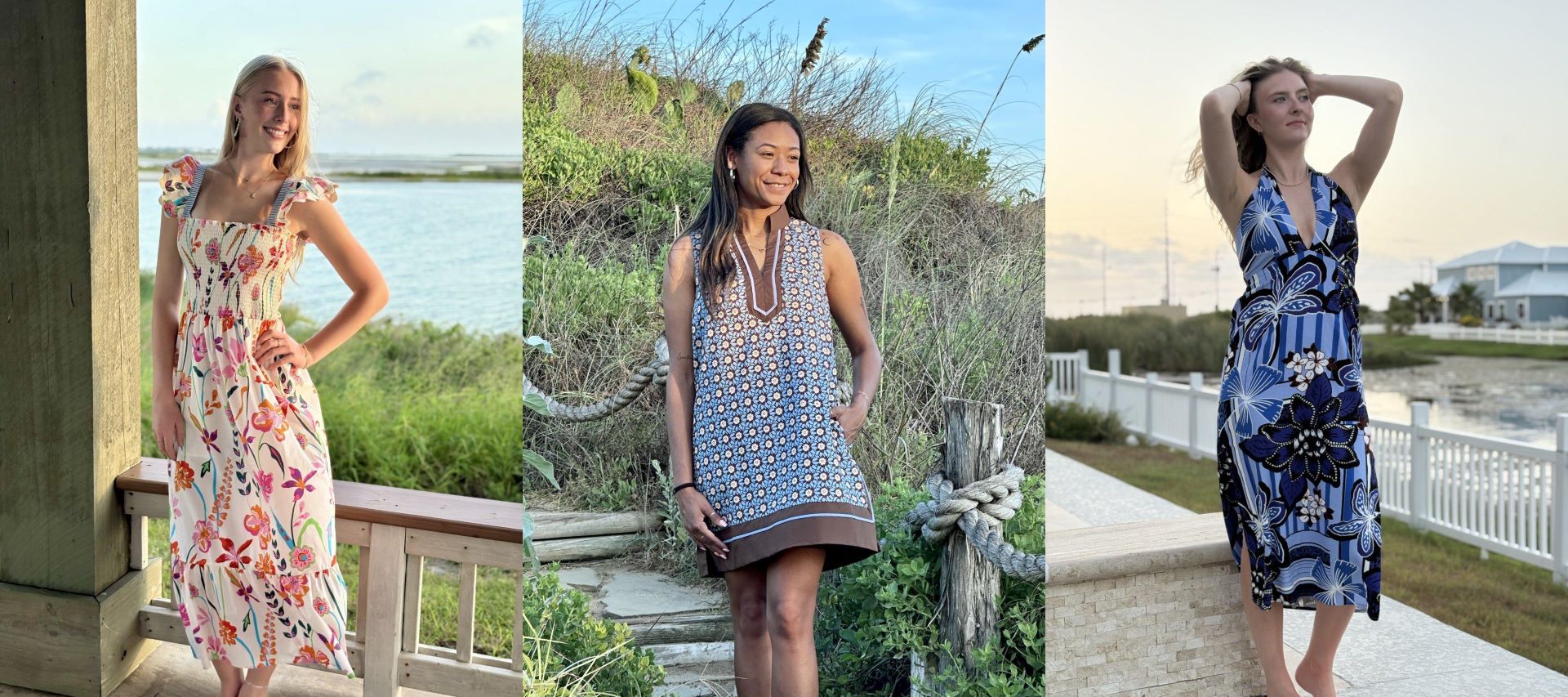 Models showcasing trendy boutique dresses from Raggdoll Boutique, perfect for a summer vacation wardrobe in Port Aransas.