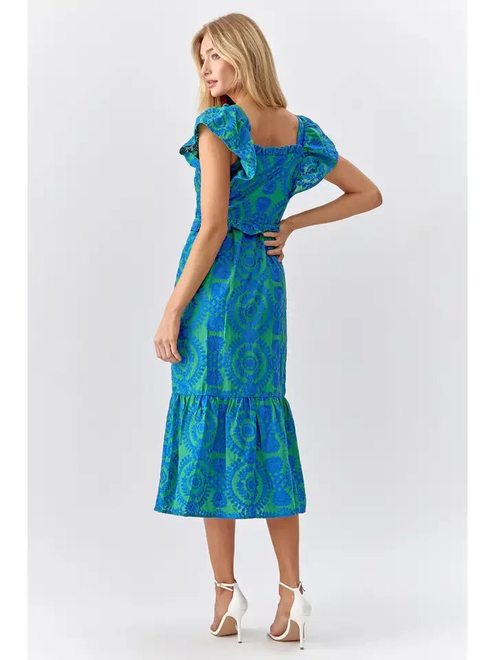 Women modeling My New Favorite Dress in vibrant blue print from Raggdoll Boutique, perfect for summer outfits Texas.