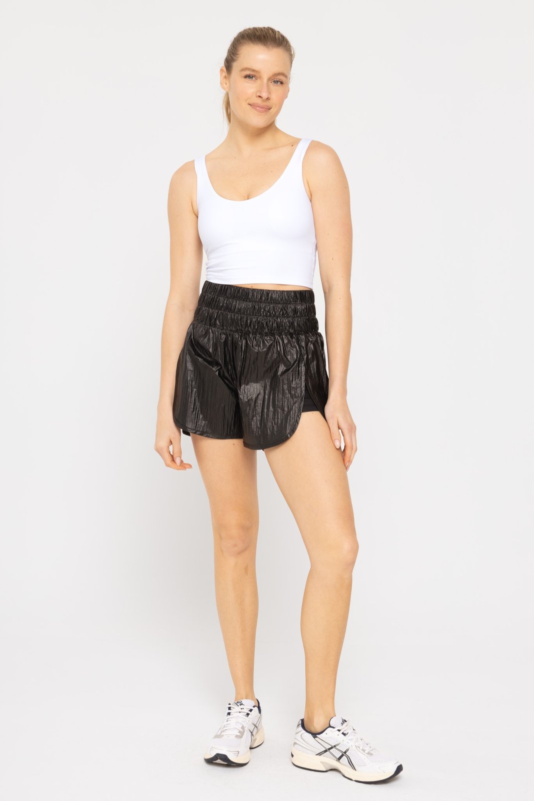 MONO B CRISS CROSS TANK WHITE paired with trendy black shorts, perfect for summer outfits Texas from Raggdoll Boutique.