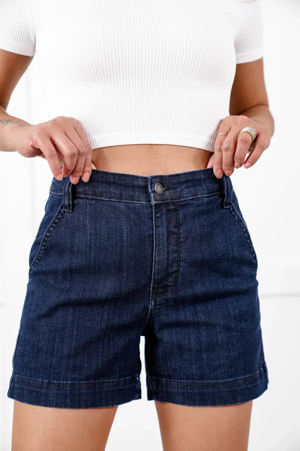 Judy Blue Denim Trouser Shorts styled with a cozy top, perfect for coastal boutique clothing and curvy plus size fashion.