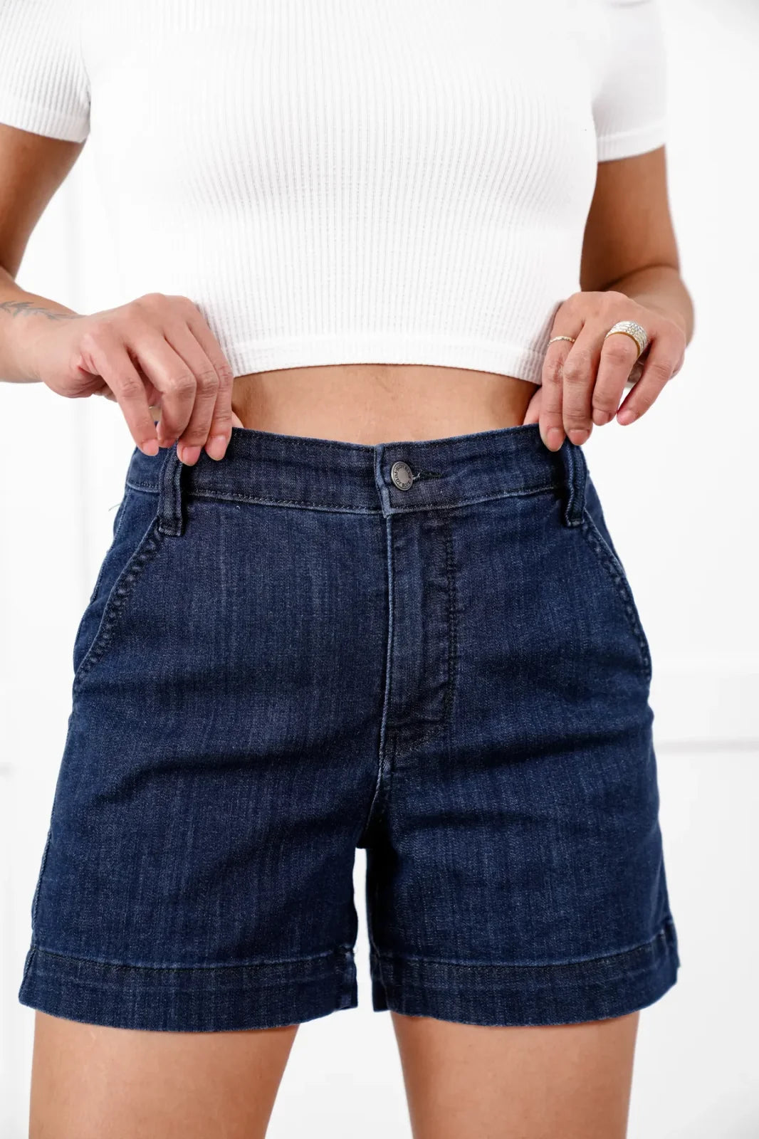 Judy Blue Denim Trouser Shorts styled with a cozy top, perfect for coastal boutique clothing and curvy plus size fashion.