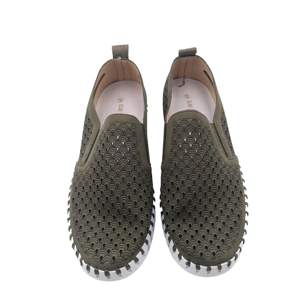DEEP OLIVE TULIPS by Ilse Jacobsen, slip-on shoes ideal for coastal boutique clothing and beach trips. Perfect for stylish women's fashion.