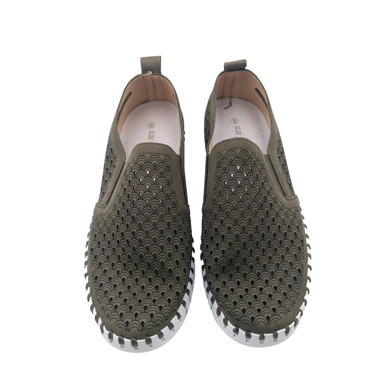 DEEP OLIVE TULIPS by Ilse Jacobsen, slip-on shoes ideal for coastal boutique clothing and beach trips. Perfect for stylish women's fashion.