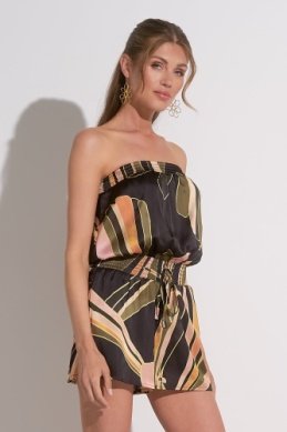 Manila Black-Multi Print Romper worn by model, showcasing trendy coastal style from Raggdoll Boutique.