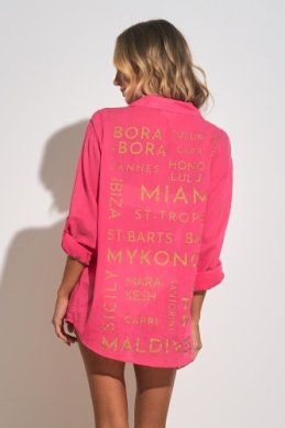 Graphic Hot Pink Button-Down Top from Raggdoll Boutique featuring gold foil graphic for trendy coastal style.