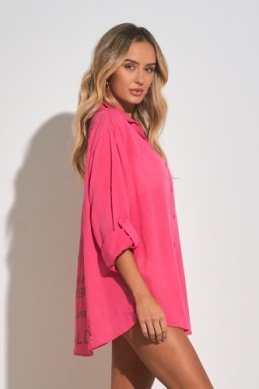 Graphic Hot Pink Button-Down Top from Raggdoll Boutique, perfect for coastal fashion and summer outfits in Texas.