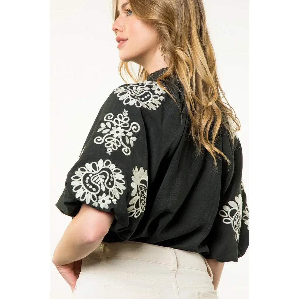 Stylish black embroidered top from THML, perfect for coastal boutique clothing and beach dresses. Ideal for tropical vacations.