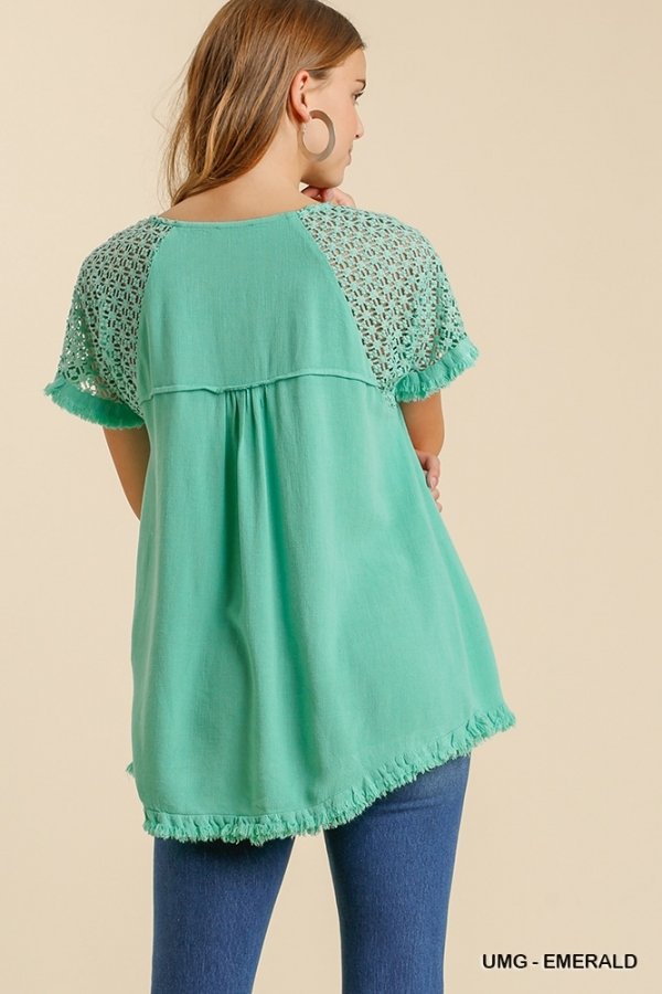 EMERALD FLORAL DETAILED TOP featuring linen blend floral crochet details and fringed hem by Raggdoll Boutique