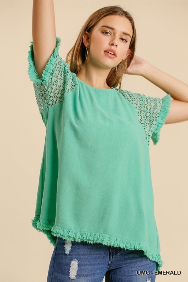 EMERALD FLORAL DETAILED TOP featuring floral crochet detail, fringed hem, and coastal fashion style from Raggdoll Boutique.