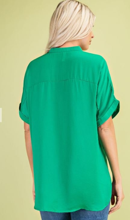 KELLY GREEN DOLMAN SLEEVE TOP back view showcasing trendy coastal style at Raggdoll Boutique.