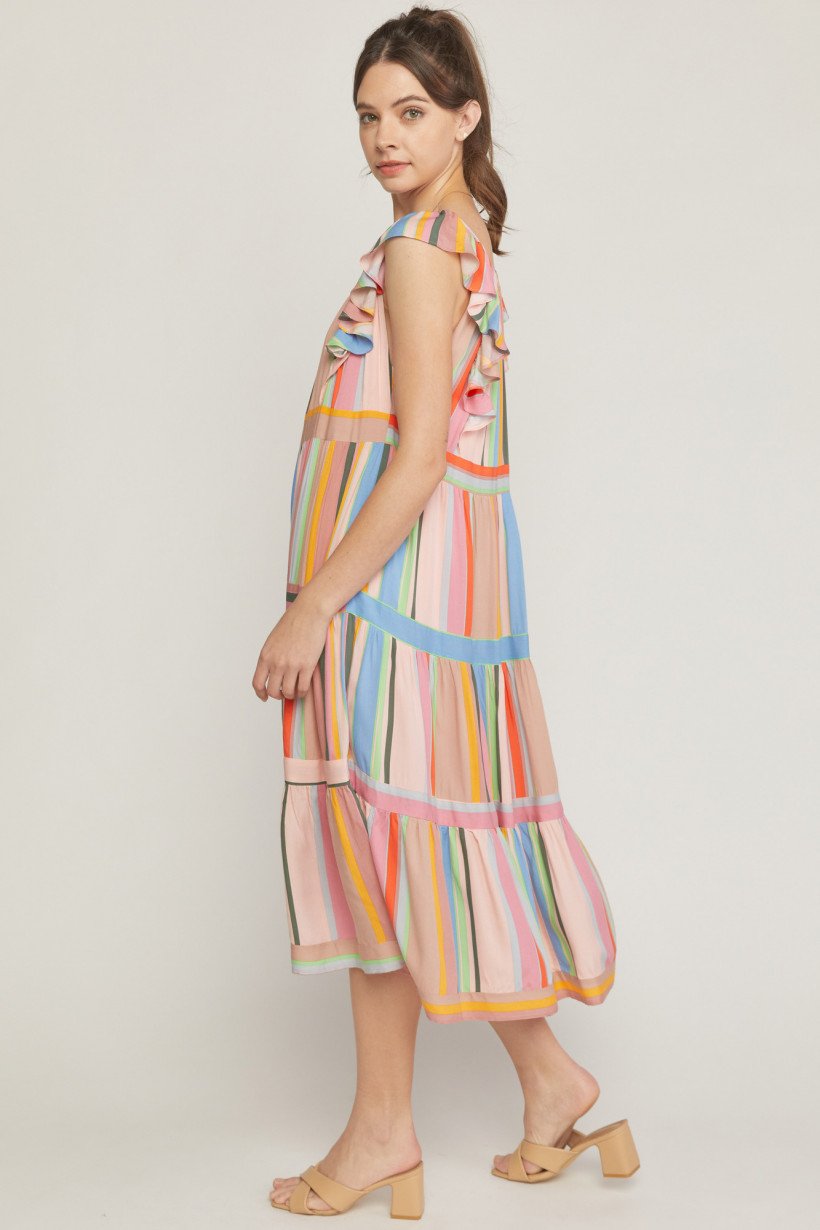 COTTON CANDY STRIPED DRESS modeled by a woman, showcasing colorful stripes, perfect for summer outfits Texas.