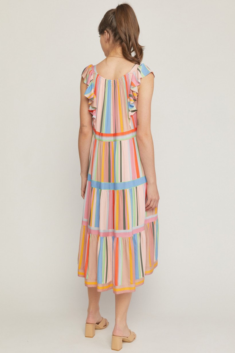Back view of COTTON CANDY STRIPED DRESS from Raggdoll Boutique, showcasing its colorful coastal style.
