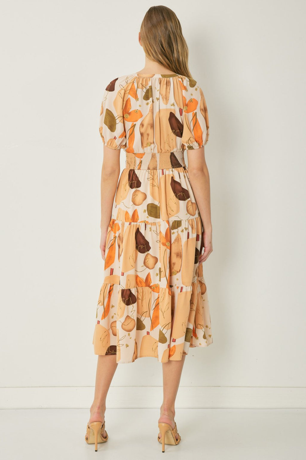 Back view of BOUND FOR BRUNCH DRESS with colorful print, perfect for summer outfits Texas from Raggdoll Boutique.