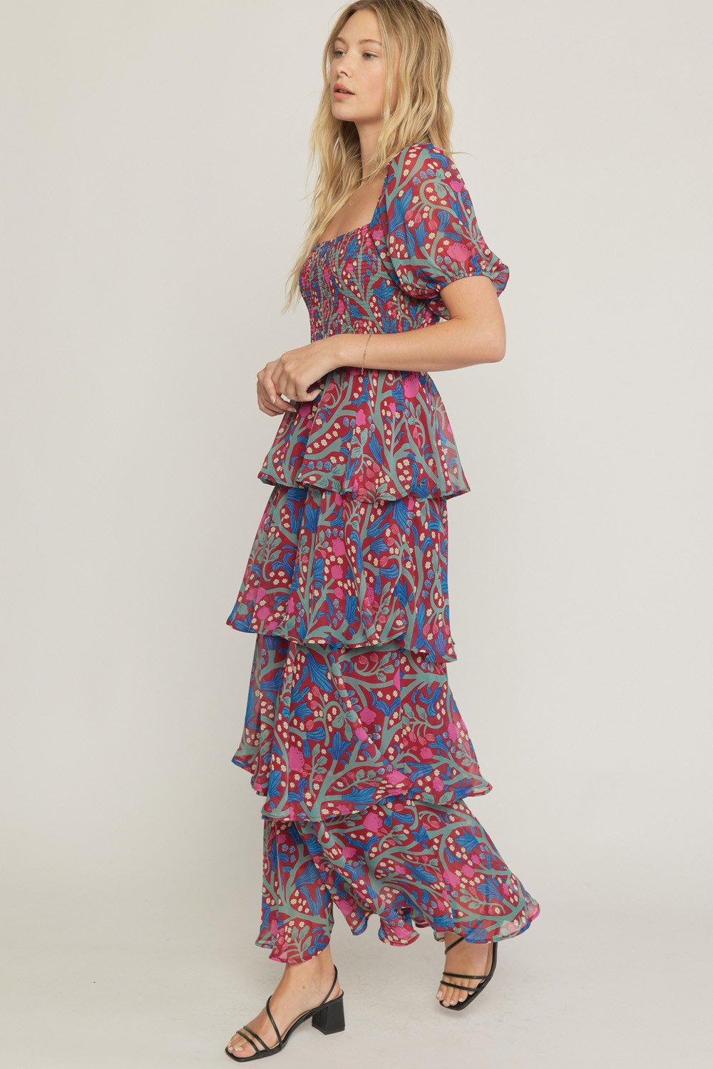 TIME TO CELEBRATE DRESS in vibrant floral design, perfect for coastal fashion at Raggdoll Boutique in Port Aransas.