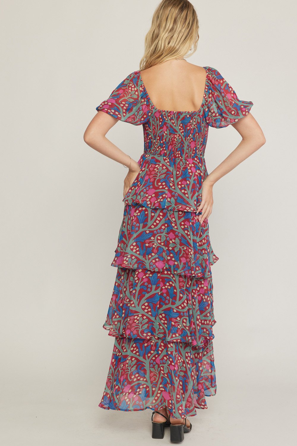 TIME TO CELEBRATE DRESS back view, colorful floral print, perfect for summer outfits from Raggdoll Boutique.