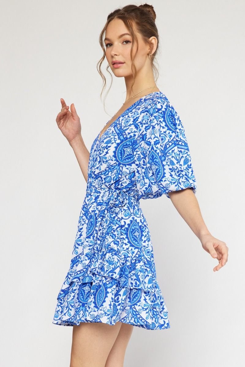 BOLD BLUE BLOOMS DRESS showcased in trendy coastal style at Raggdoll Boutique, perfect for summer outfits Texas.