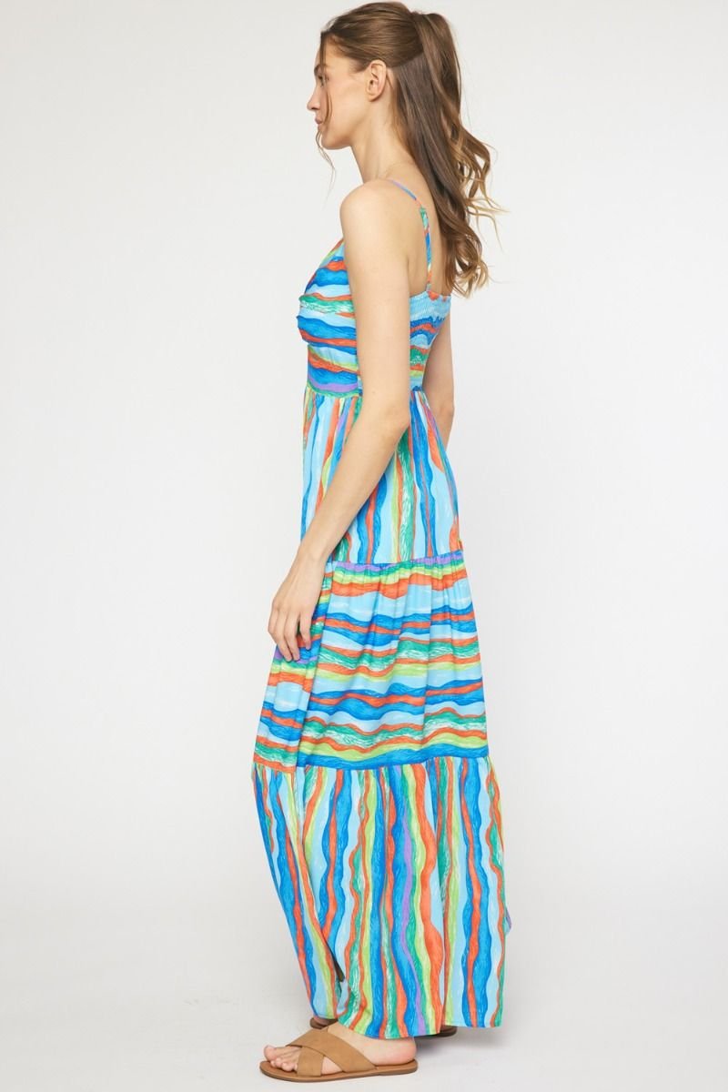 BLUE WAVES MIDI DRESS model showcasing trendy coastal style from Raggdoll Boutique in Port Aransas.