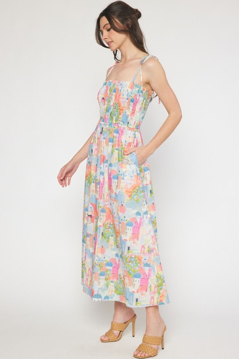 DAY DREAMS DRESS from Raggdoll Boutique features colorful coastal patterns, perfect for summer outfits Texas and vacation wardrobe boutique.