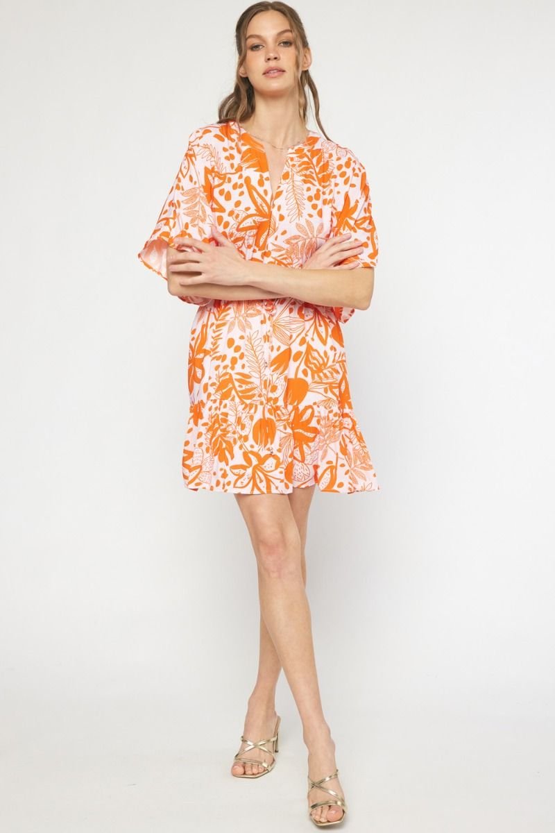 MIMOSA TIME DRESS showcased in vibrant orange floral print, perfect for summer outfits Texas from Raggdoll Boutique.