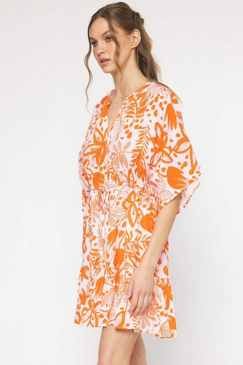 MIMOSA TIME DRESS in vibrant orange floral print, perfect for summer outfits Texas from Raggdoll Boutique.