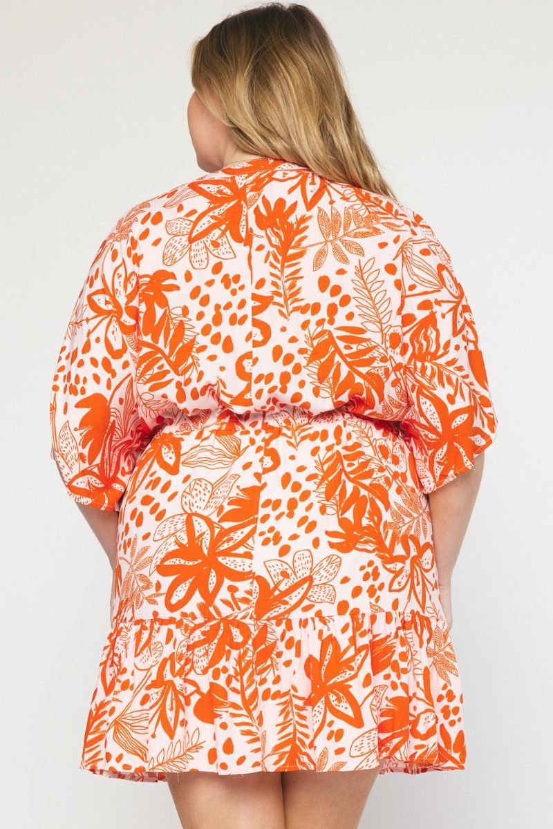 Back view of PLUS MIMOSA TIME DRESS with floral design, perfect for summer outfits Texas from Raggdoll Boutique.