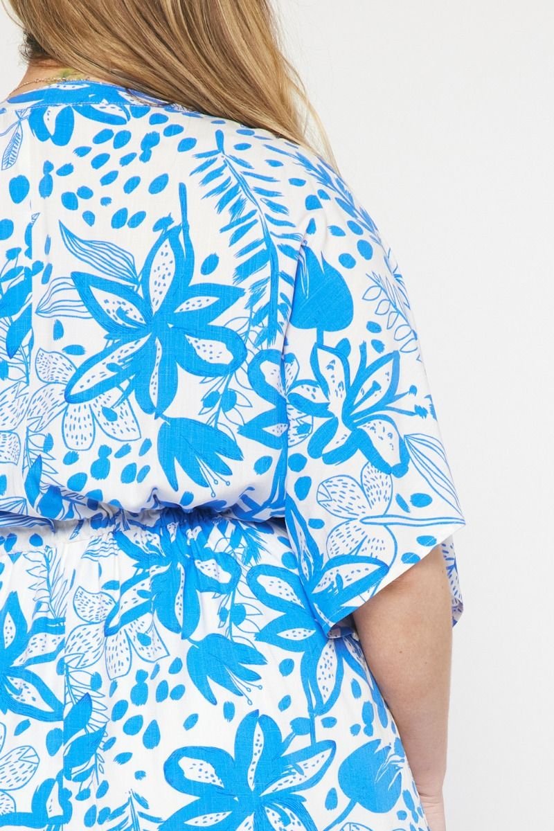PLUS BLUE AND WHITE DRESS featuring vibrant floral design, perfect for summer outfits. From Raggdoll Boutique.