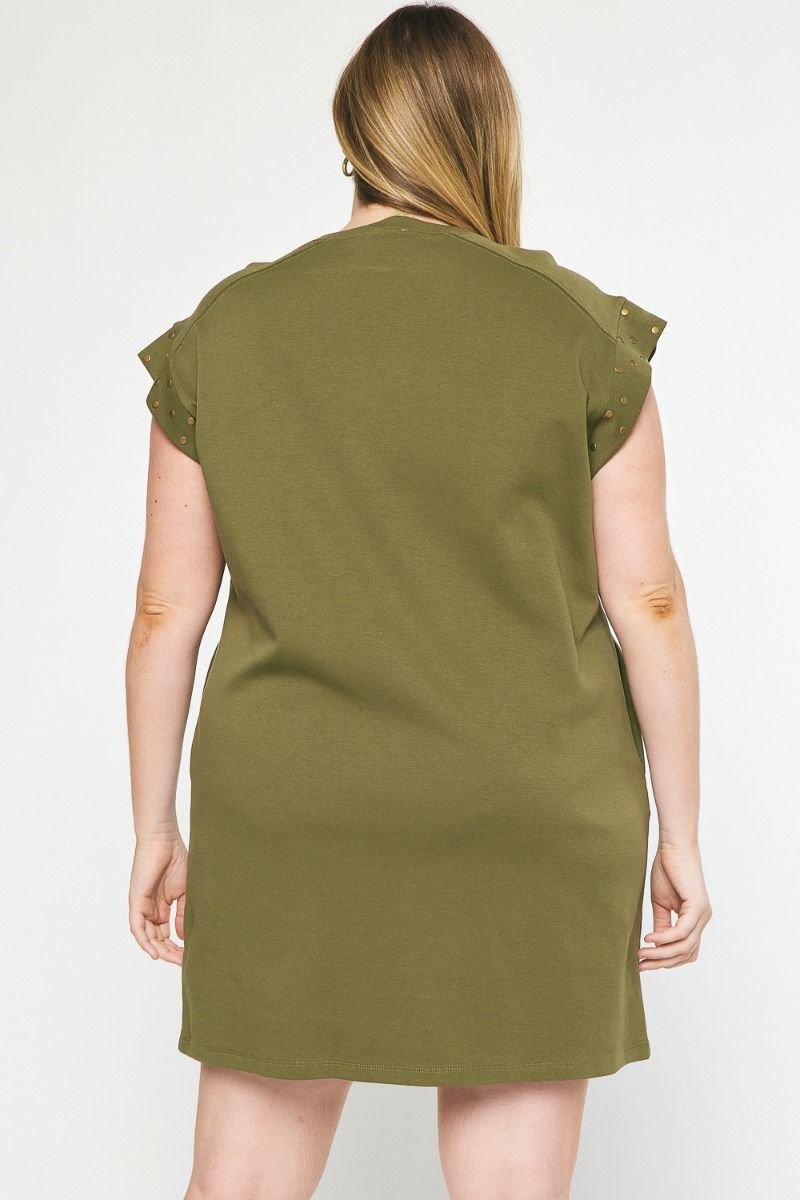 Back view of OLIVE YOU PLUS DRESS in olive green, trendy coastal style from Raggdoll Boutique.
