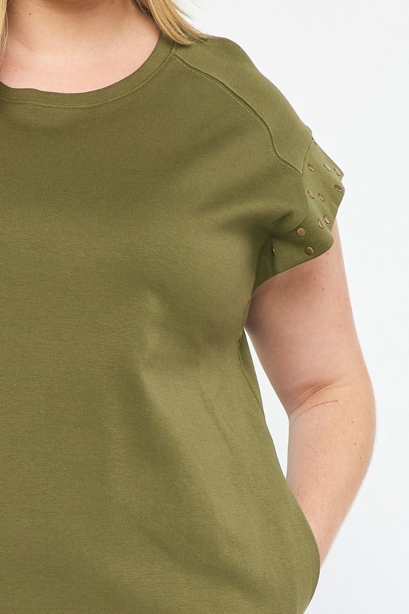 OLIVE YOU PLUS DRESS in olive green with studded sleeves from Raggdoll Boutique, perfect for summer outfits Texas.