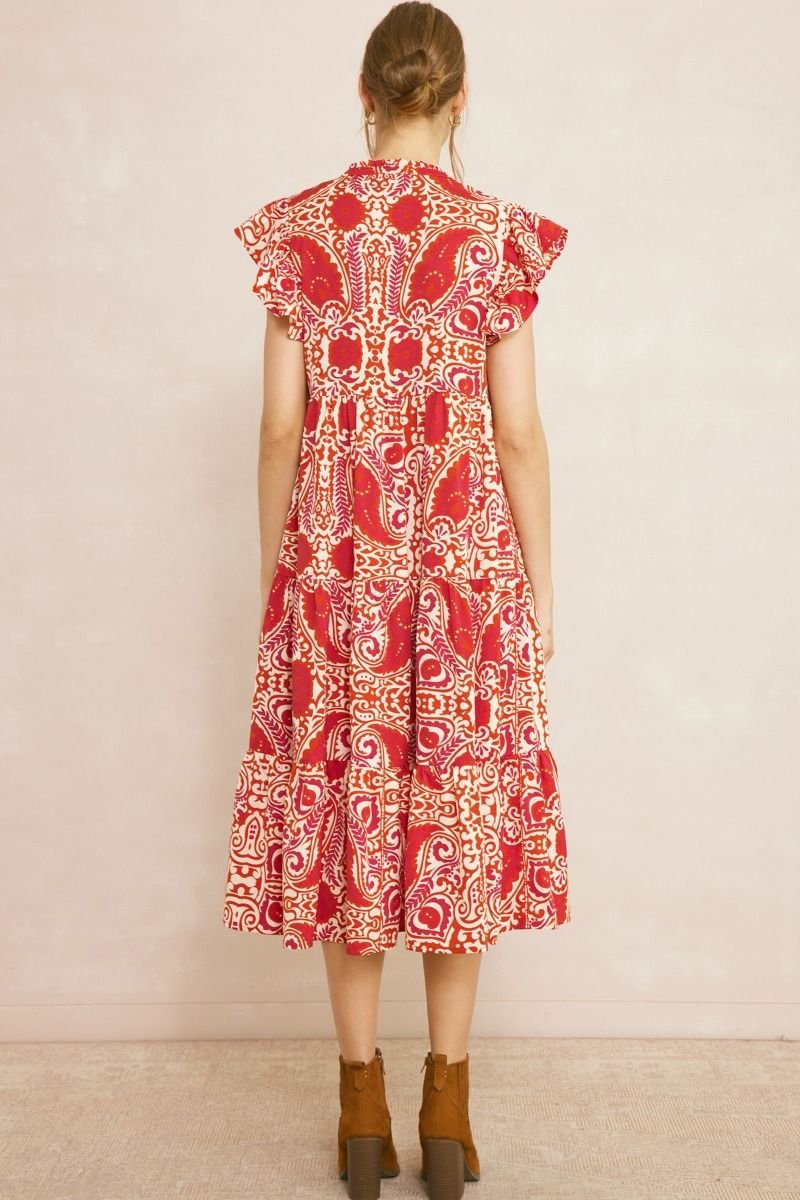 Back view of the MADE FOR YOU DRESS in red pattern, stylish summer outfit from Raggdoll Boutique.