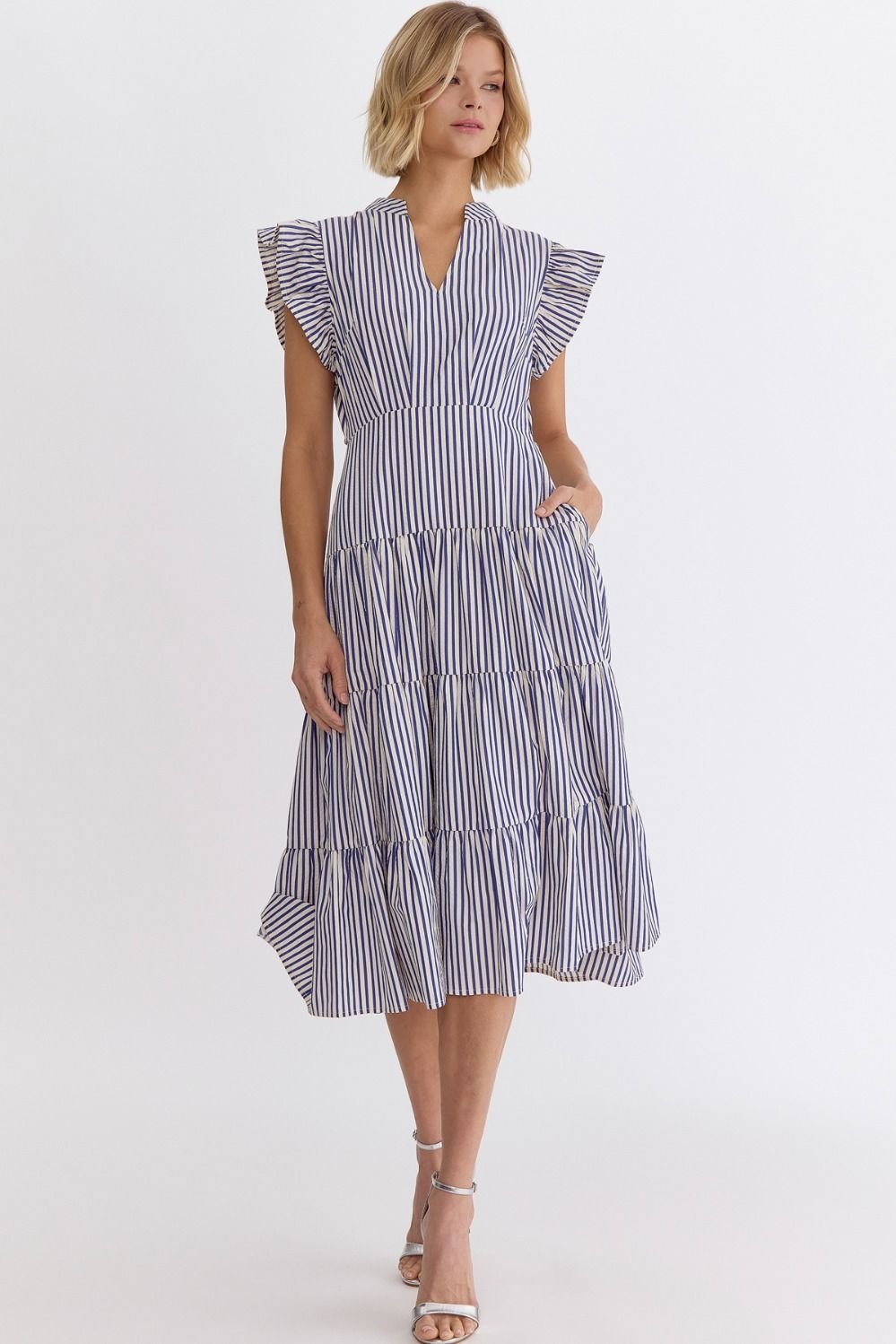 BLUE SKY STRIPED MIDI dress from Raggdoll Boutique, perfect for trendy coastal style and summer outfits in Texas.