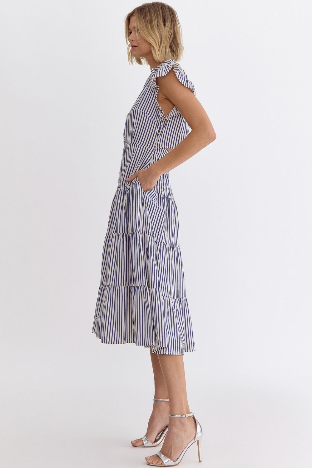 BLUE SKY STRIPED MIDI dress from Raggdoll Boutique, perfect for coastal fashion and summer outfits in Texas.