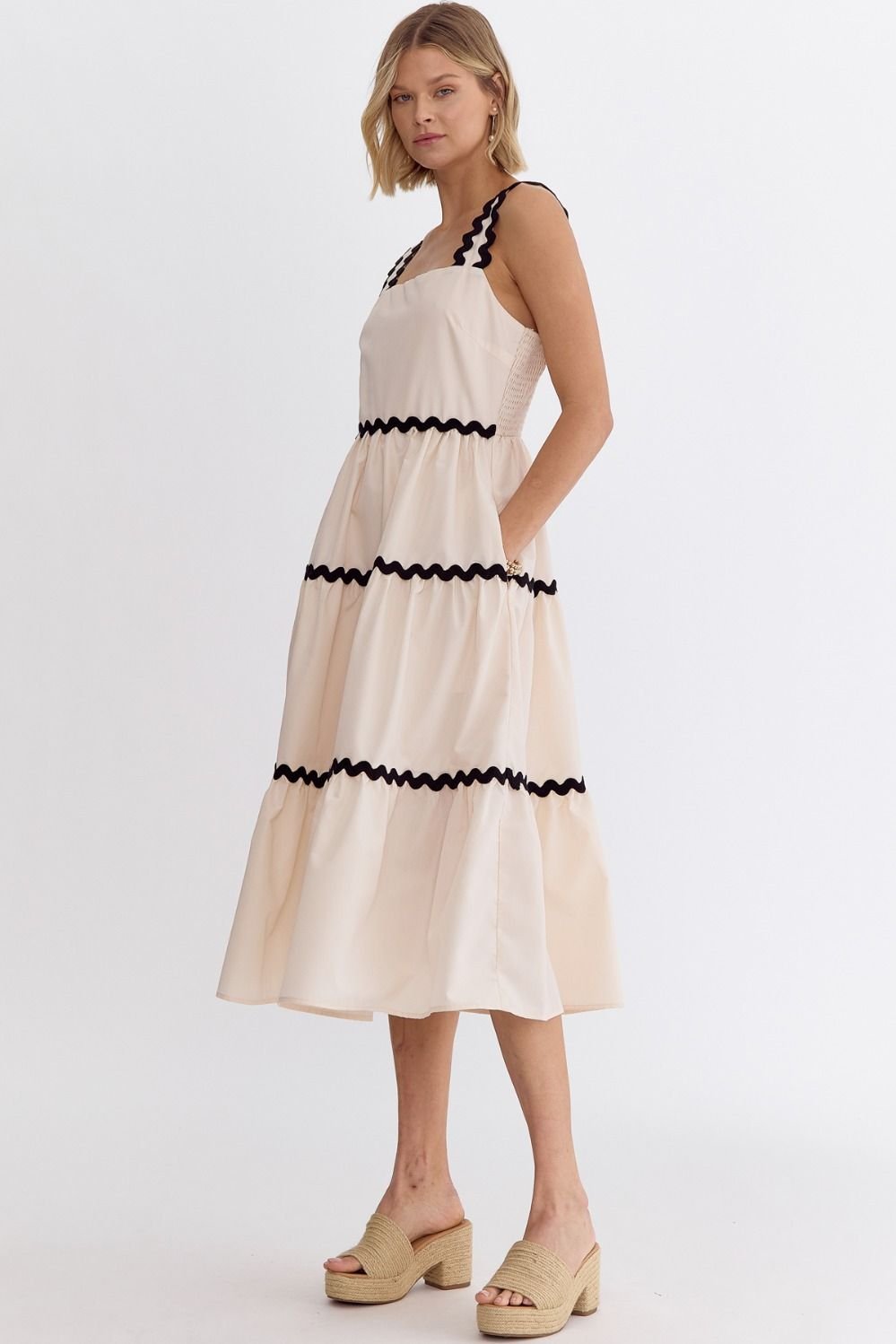 ECRU MIDI W/ RICK RACK TRIM from Raggdoll Boutique, perfect for trendy coastal style and summer outfits Texas.