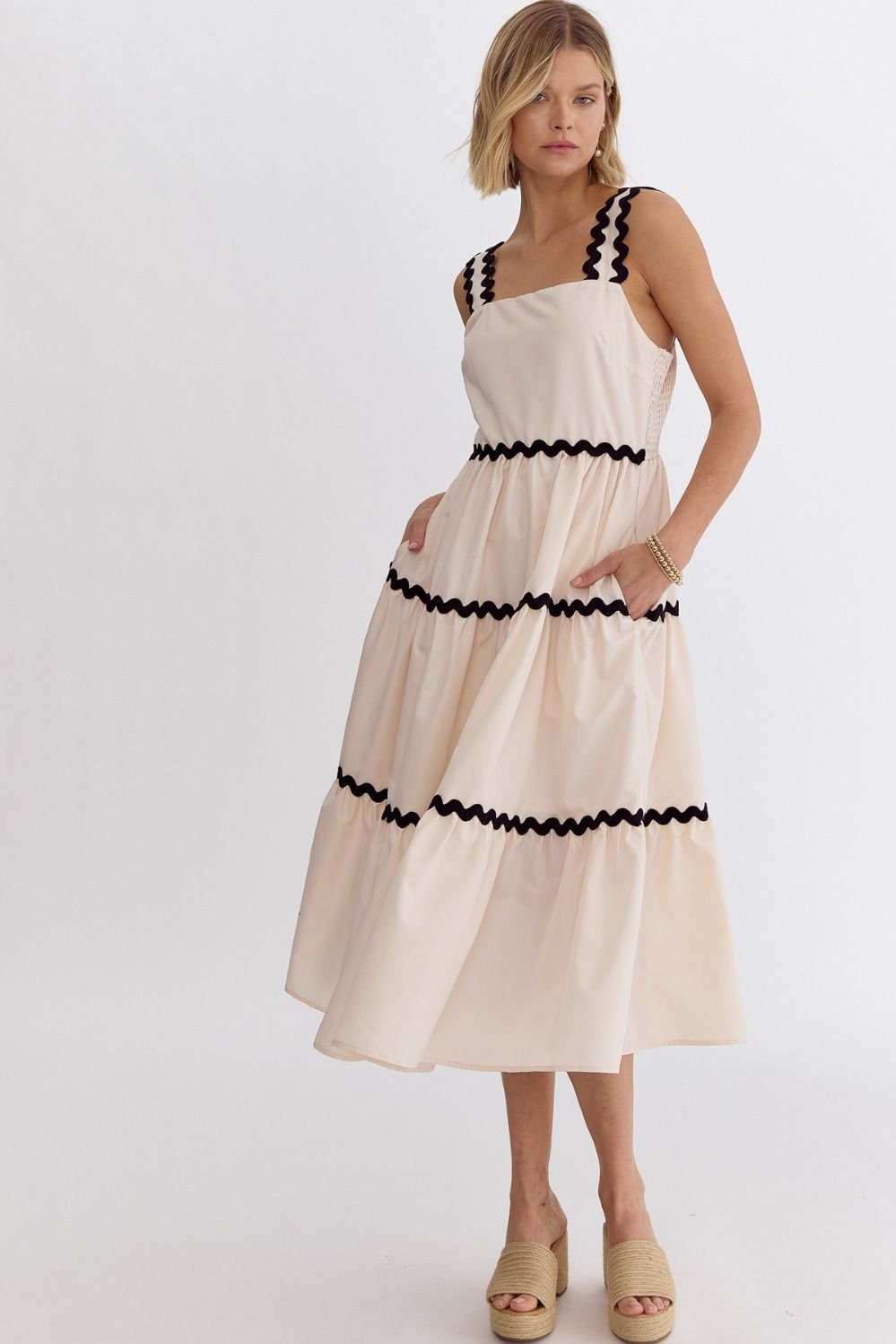 ECRU MIDI W/ RICK RACK TRIM stylish dress from Raggdoll Boutique, perfect for trendy coastal style and summer outfits Texas.
