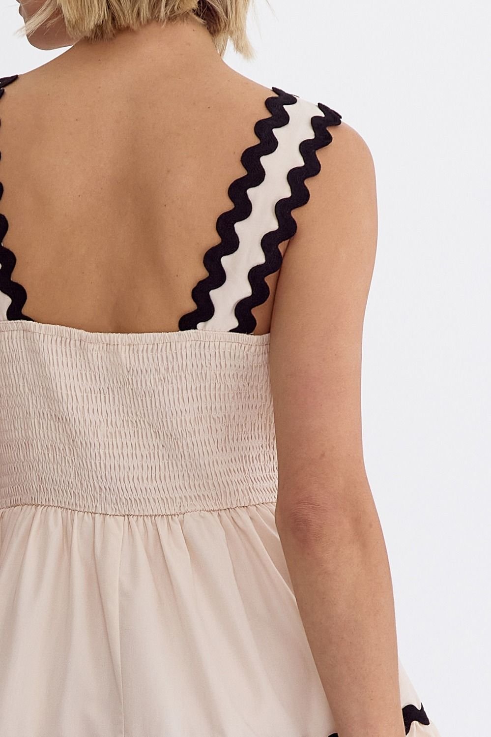 ECRU MIDI W/ RICK RACK TRIM back view showcasing trendy coastal style from Raggdoll Boutique.