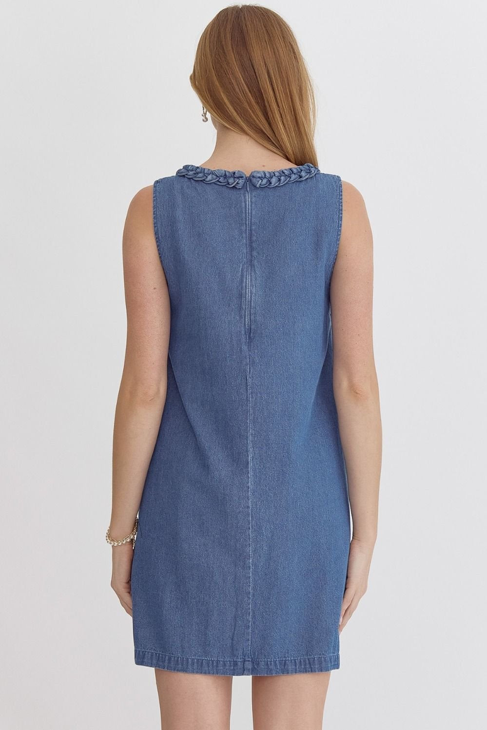 Audry in Denim Dress showcased from the back, perfect for summer outfits Texas at Raggdoll Boutique.