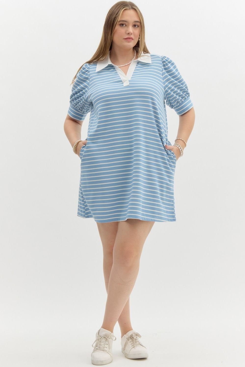 Connie Plus Dress in blue stripes, perfect for summer. Stylish plus size dress from a Port Aransas boutique, ideal for coastal fashion.