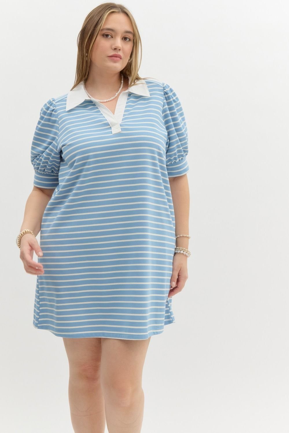 Connie Plus Dress from coastal boutique clothing, featuring stripes and a collared neckline, perfect for summer outings.