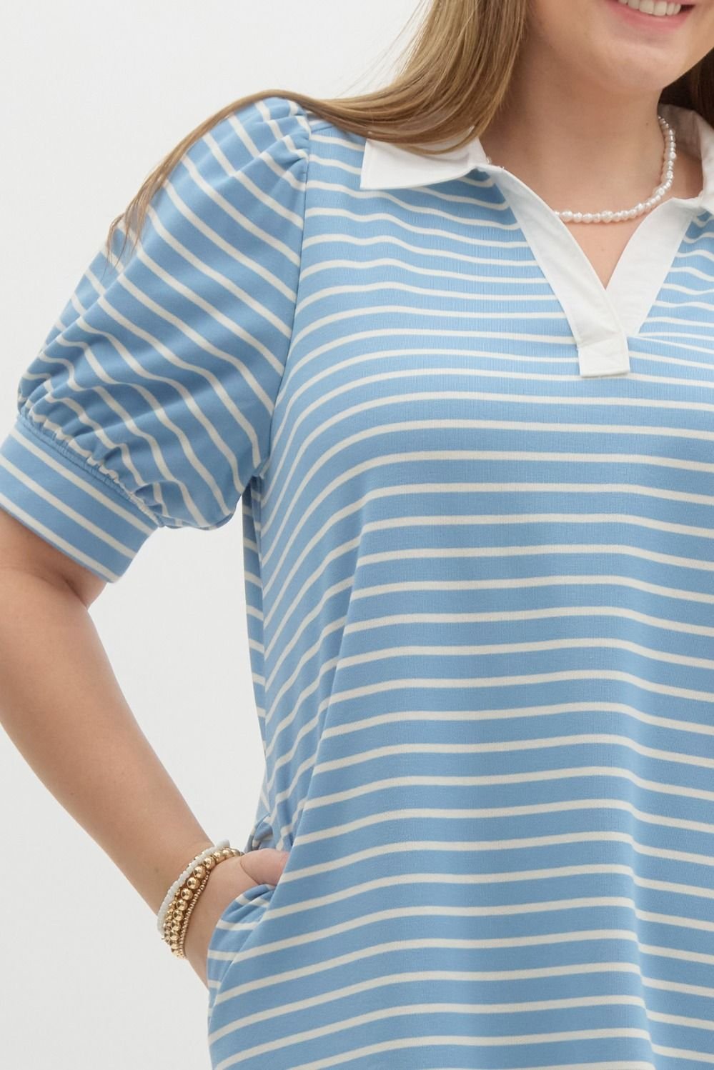 Connie Plus Dress in blue stripes, perfect for summer style with sneakers. Ideal for coastal boutique clothing lovers.