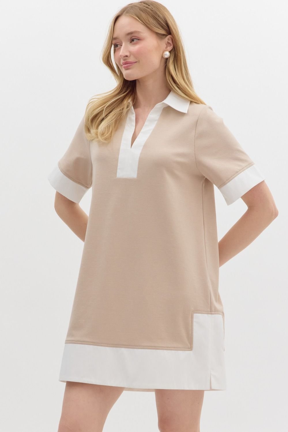 Lara Dress in beige with white accents, perfect for coastal boutique clothing and tropical vacation dresses.