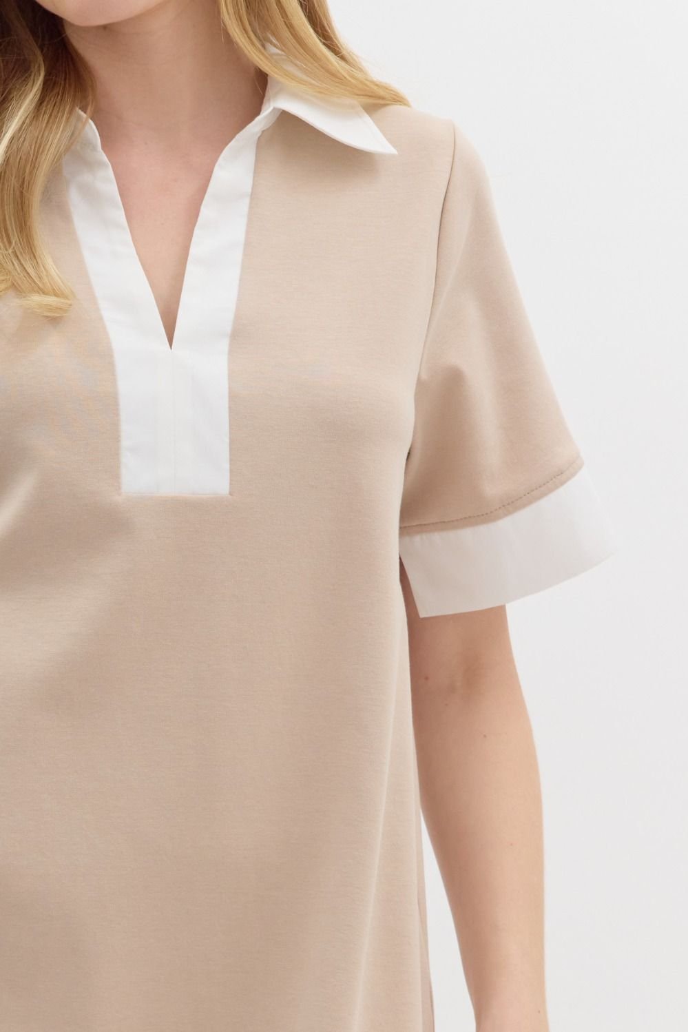 Stylish women's beige dress with white collar, perfect for coastal boutique clothing and tropical vacation dresses.