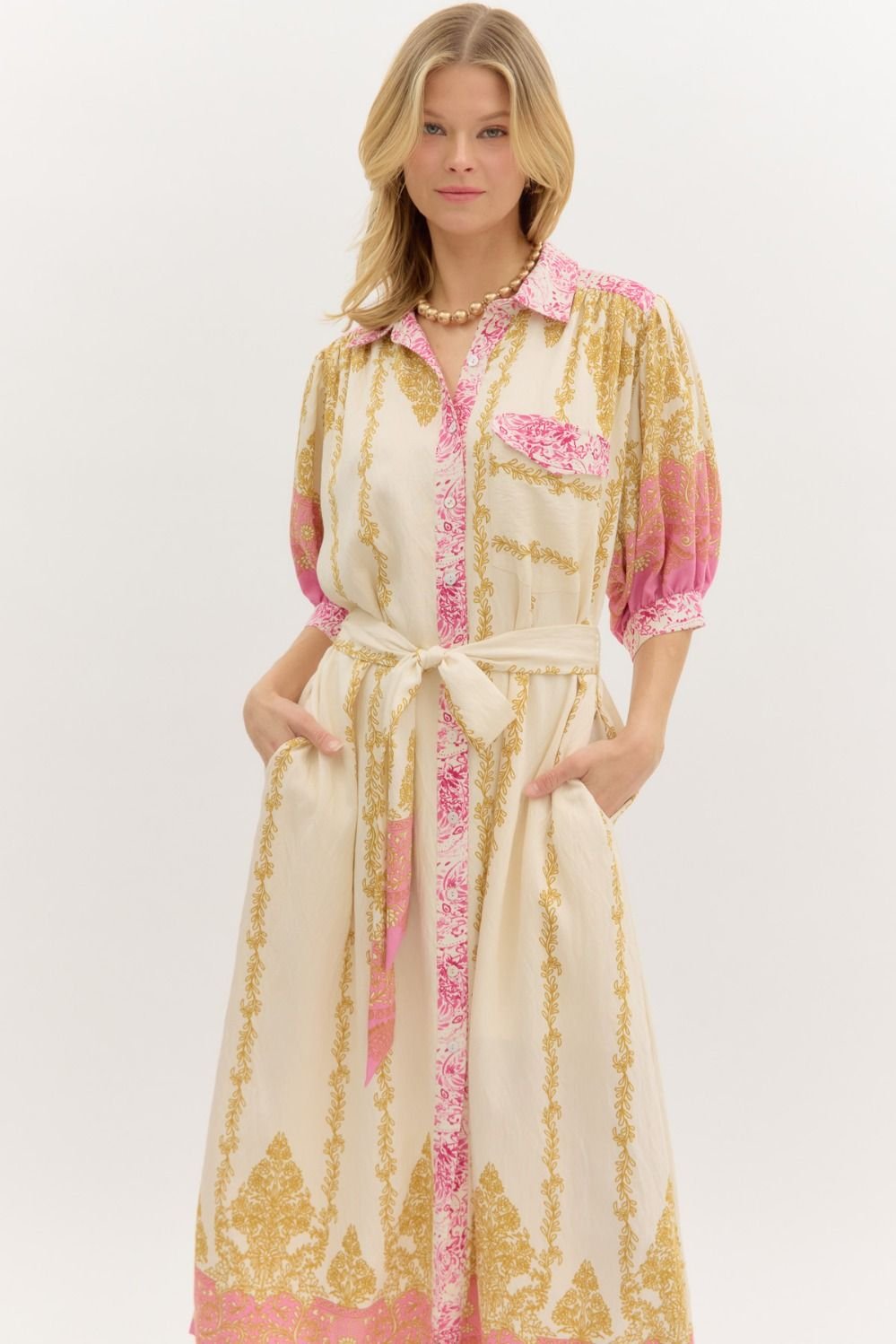 Daydream Dress in pink border print, perfect for coastal boutique clothing and tropical vacations. Curvy plus size fashion.