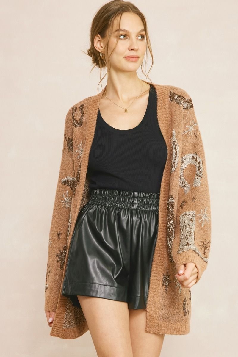 Howdy Texan Cardigan styled with leather shorts, perfect for trendy coastal style from Raggdoll Boutique.