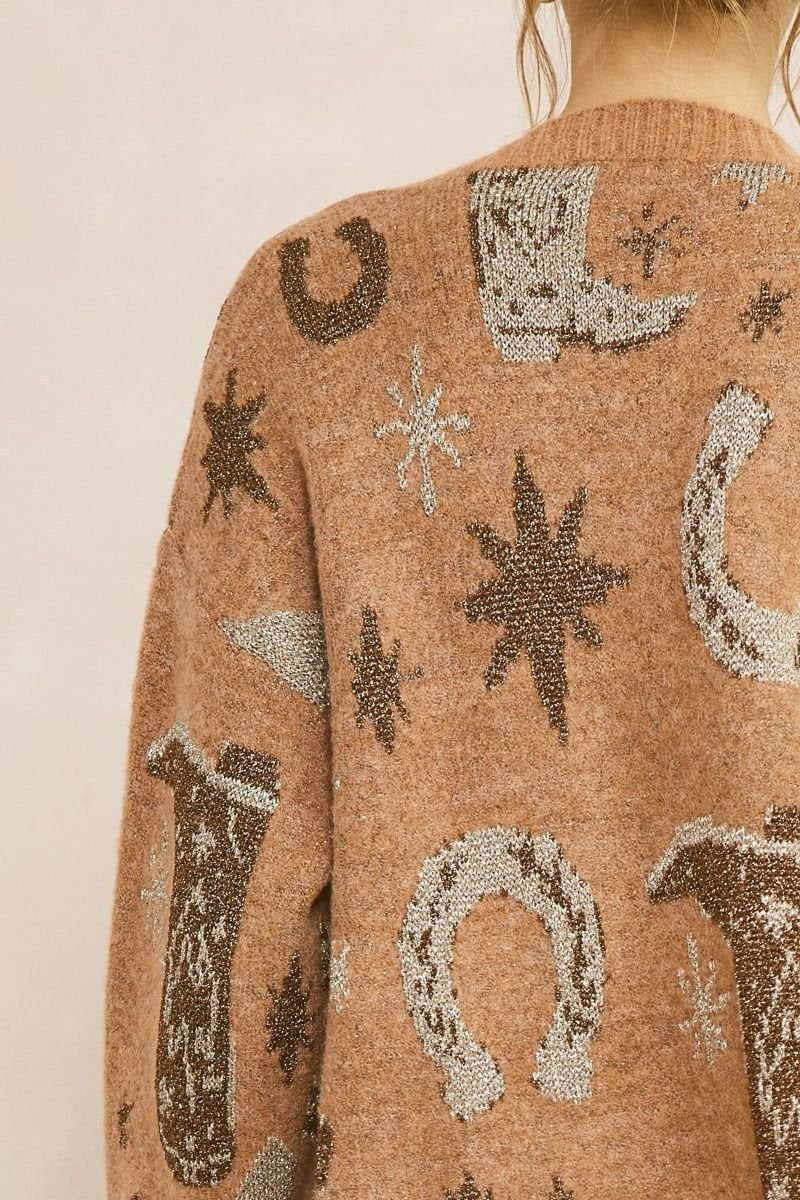 Howdy Texan Cardigan detailed back design with western patterns at Raggdoll Boutique, trendy coastal style for summer outfits Texas.